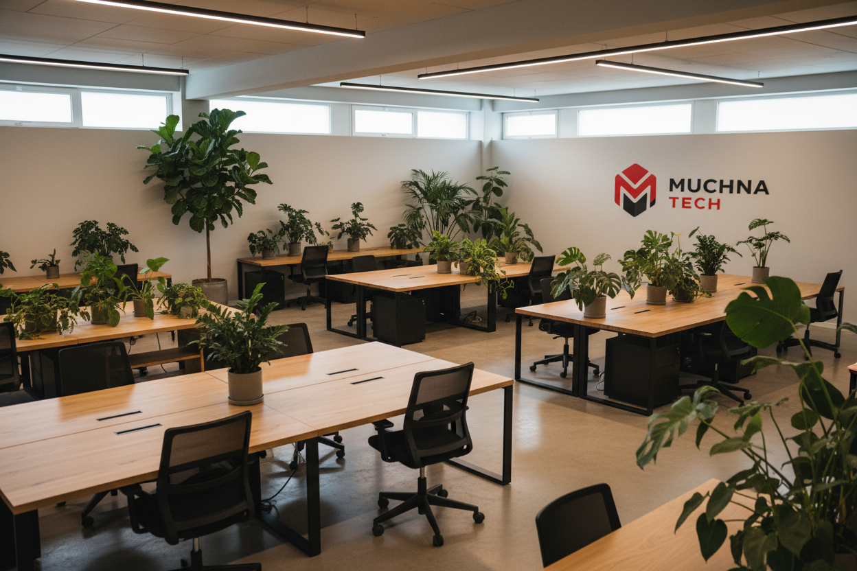 Büro mit Holztischen und Pflanzen